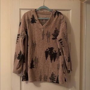 Vintage Woolrich V-Neck Pullover Sweater Beige Green Tree Print Womens Medium